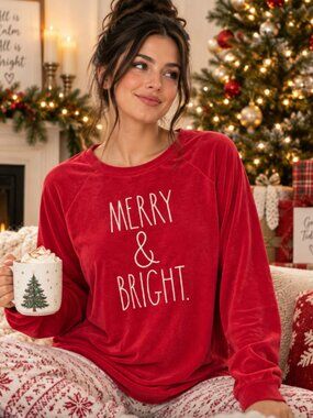 Rae Dunn Red Holiday Sweater Merry & Bright Christmas Size 1X Cozy Pajama Shirt